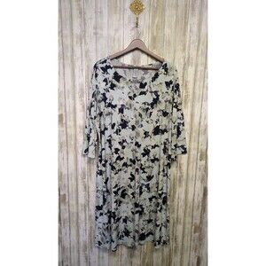 Catherines A-Line Midi Dress Green Floral Shift Keyhole Neck 3/4 Sleeve 14/16W